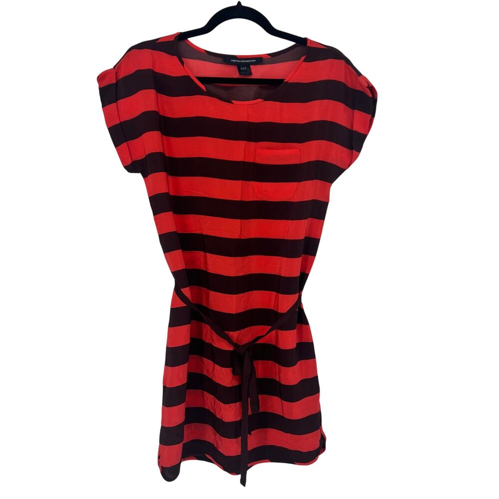 French Connection Red & Plum Striped Belted Dress Size 0